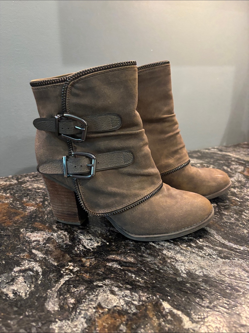 Not Rated Brown Suede Buckle Mid-Calf Heeled Boots
